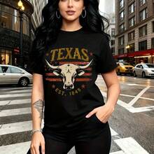 Camiseta de mujer con estampado de toro longhorn texano y texto "TEXAS EST. 1845" - camiseta casual de manga corta con diseño gráfico dorado y blanco, ajuste cómodo y estilo urbano ideal para paseos por la ciudad o reuniones familiares - regalo perfe - Negro - Ver 11
