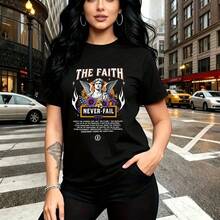 Camiseta de mujer con estampado inspirador "THE FAITH NEVER-FAIL" que muestra un ángel alado rodeado de llamas y flores coloridas, diseño urbano y espiritual con letras grandes - camiseta casual de cuello redondo, ajuste cómodo y moderno, estilo idea - Negro - Ver 7