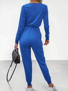 Mono Jumpsuit Elegante Casual de Corte Slim con Escote en V y Cintura Ajustable - Azul - Ver 2