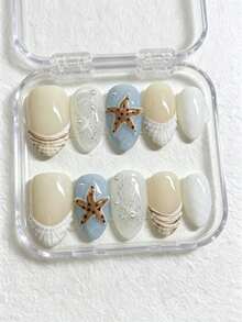 10Pcs Medium Short Almond Handmade Press On Nails, Summer Ocean Style With 3D Starfish Shell, Pearl & Glitter Details, Dopamine Sweet Y2K Beach Nails, Reusable Easy Application For Vacation Wedding Daily Outfits - Multicolor - View 4
