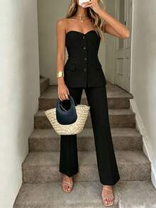 2pcs Elegant Minimalist Holiday Party Commute Daily Business Suit Top, Back To School Summer Black - Black - View 7