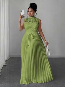 Maweii Vestido elegante de mujer talla grande con cuello mao, sin mangas, con cintura plisada y encaje - Verde - Ver 1
