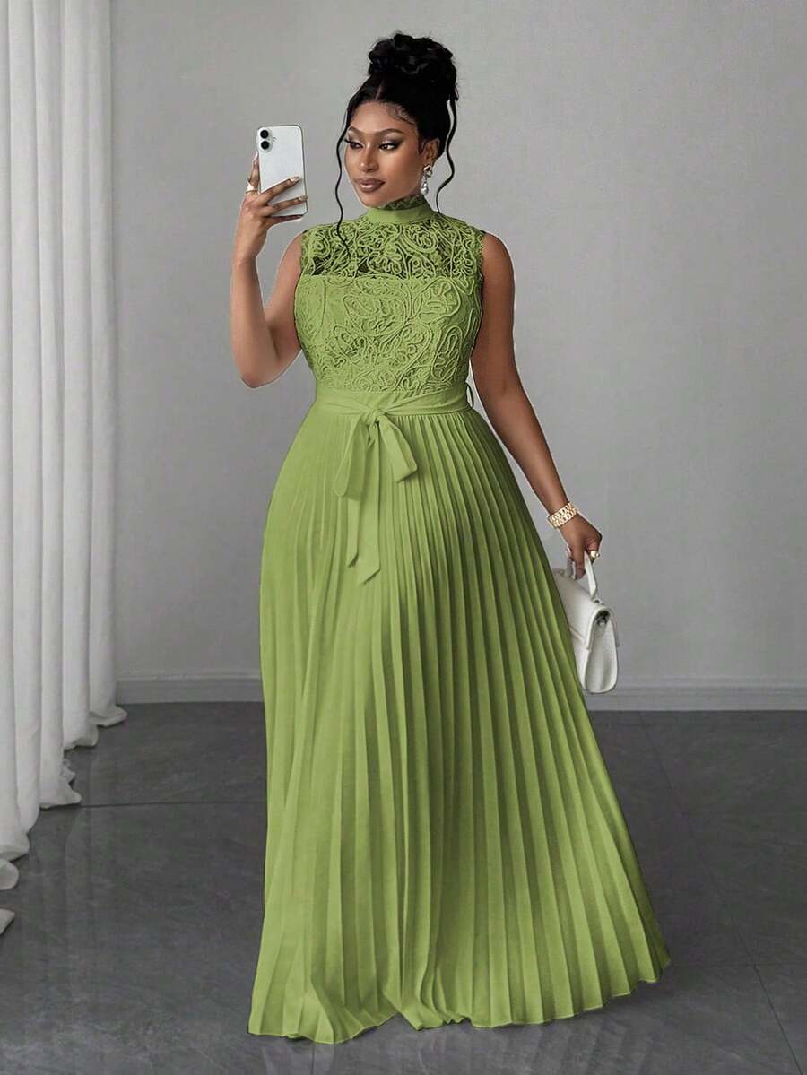Maweii Vestido elegante de mujer talla grande con cuello mao, sin mangas, con cintura plisada y encaje - Verde - Ver 1