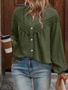 Women's Long Sleeve Button Front Patchwork Shirt, Casual Daily Wear Blouse - Army Green - View 1