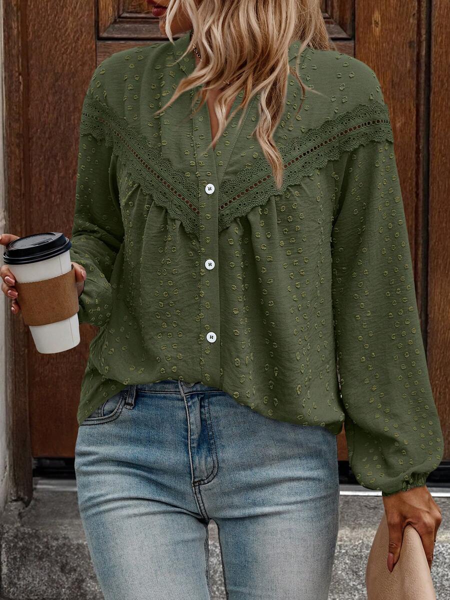 Women's Long Sleeve Button Front Patchwork Shirt, Casual Daily Wear Blouse - Army Green - View 1
