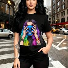 Camiseta de mujer con estampado gráfico de chica con cabello arcoíris y calavera azul revelada - diseño urbano alternativo con manga corta, ajuste cómodo para uso diario - ideal para paseos por la ciudad, eventos artísticos y regalo perfecto para mam - Negro - Ver 7