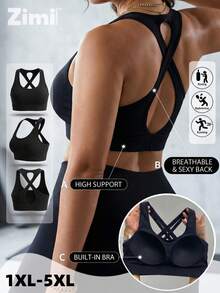 Zimi Collection Sujetador deportivo de alto impacto para mujer de talla grande con copas moldeadas integradas, sin cables, con abertura en forma de ojo de cerradura y espalda cruzada, top corto para entrenamiento, resistencia, correr, boxeo - Negro - Ver 6