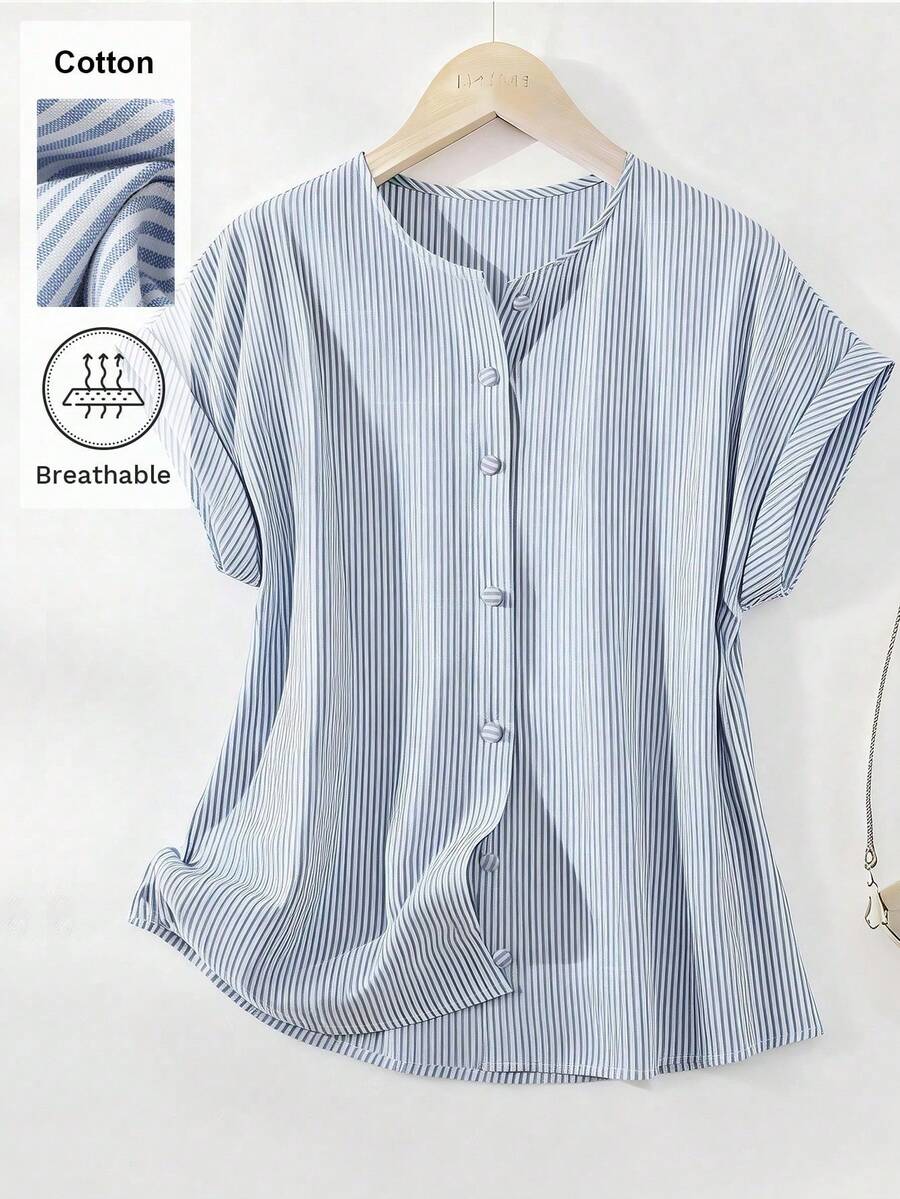 Camisa de rayas con botones para mujer - Celeste - Ver 1