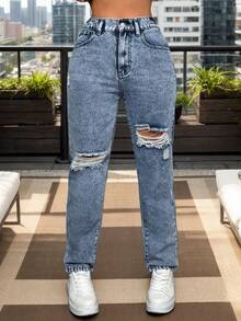 Pantalones vaqueros casuales con agujeros, Vaqueros cónicos versátiles para mujer, Jeans versátiles de mujer lavados azules - Azul - Ver 1