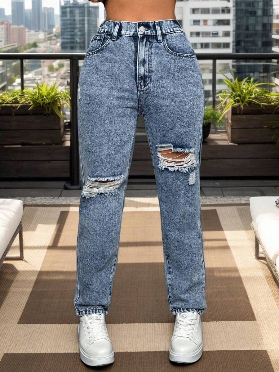 Pantalones vaqueros casuales con agujeros, Vaqueros cónicos versátiles para mujer, Jeans versátiles de mujer lavados azules - Azul - Ver 1