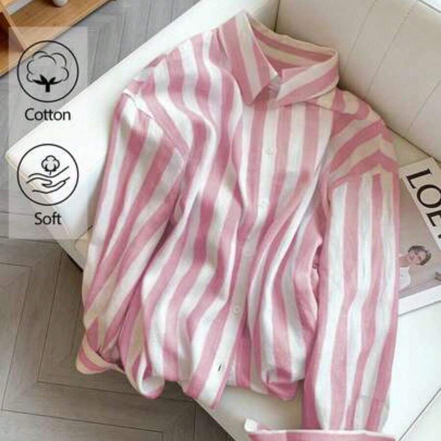 Camisa casual de manga larga con solapa a rayas y abotonadura sencilla para mujer - Rosa - Ver 1