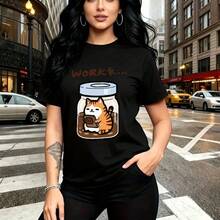 Camiseta de mujer con estampado divertido de gato atigrado naranja tomando café en frasco de vidrio - camiseta casual de cuello redondo, ajuste cómodo y moderno, estilo urbano y original para la ciudad - ideal para paseos por la calle, reuniones casu - Negro - Ver 11
