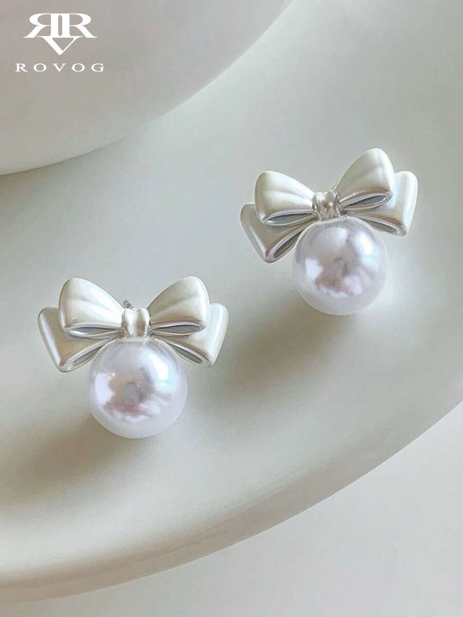1 Pair Fashion Minimalist Bow Faux Pearl Stud Earrings Suitable For Women's Daily And Party Wear
