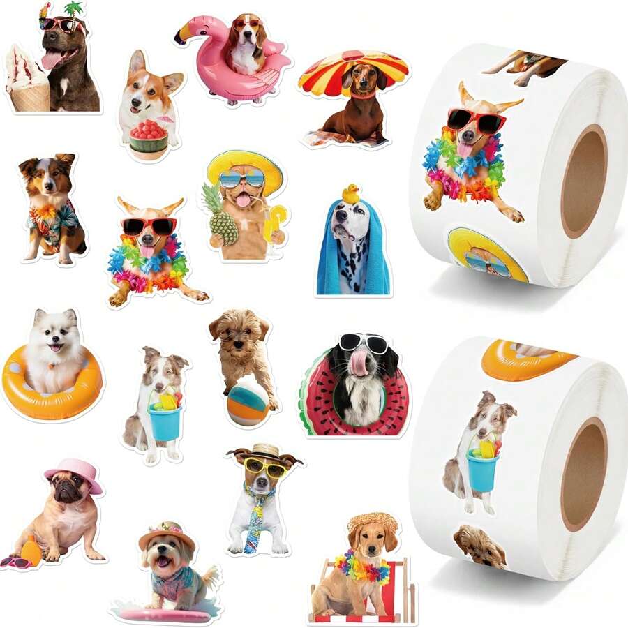 500PCS/Roll Stickers 3.8cm/1.5inch Summer Beach Dog Pineapple Dog Sunglasses Dog Swim Ring Hat Pattern Planner Luggage Notebook Water Cup Decoration Stickers Handmade Self-Adhesive Labels Gift Decoration Stationery Stickers Back To School Stickers, Office Stickers, School Supplies, Office Labels - Cartoon - View 1