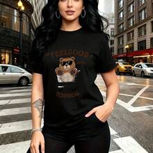 Camiseta de mujer con estampado de osito con gafas de sol en carrito de compras y texto "FEELGOOD TEDDYBEAR" - diseño urbano casual con ajuste cómodo y estilo relajado, ideal para paseos por la ciudad, citas o salidas con amigas - regalo perfecto par - Negro - Ver 8