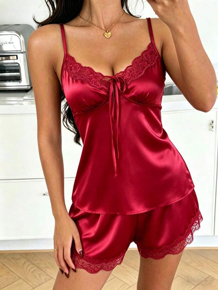French Burgundy Ice Silk Satin Pajama Set Women Autumn Sexy Princess Loungewear,Floral Lace V-Neck Cami Shorts Set With Bow Tie&Adjustable Back Straps - Burgundy - View 1