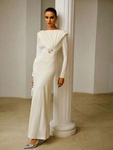 Asymmetric Ruffle Structure Off Shoulder Long Sleeve Dress, Spring/Summer - 白色 - 查看 6