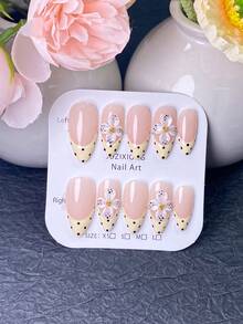 10 bucăți unghii false handmade tip press-on, unghii scurte, unghii de vară, unghii șampanie, tipsuri french galben crem cu buline, decorate cu accente 3D flori albe cu pete negre și centre aurii, perfecte pentru purtare zilnică, întâlniri și ocazii de primăvară/vară - Șampanie - Vizualizare 3