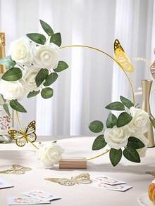 12pcs Wedding Floral Wreath Decoration Kit, Includes Metal Wreath, Wooden Base, Roses, And Artificial Butterflies (Random Design), Suitable For Wedding Tabletop Decorations, Wedding Setups, Party Floral Arrangements, DIY Decorations - One Size Fits All - View 3
