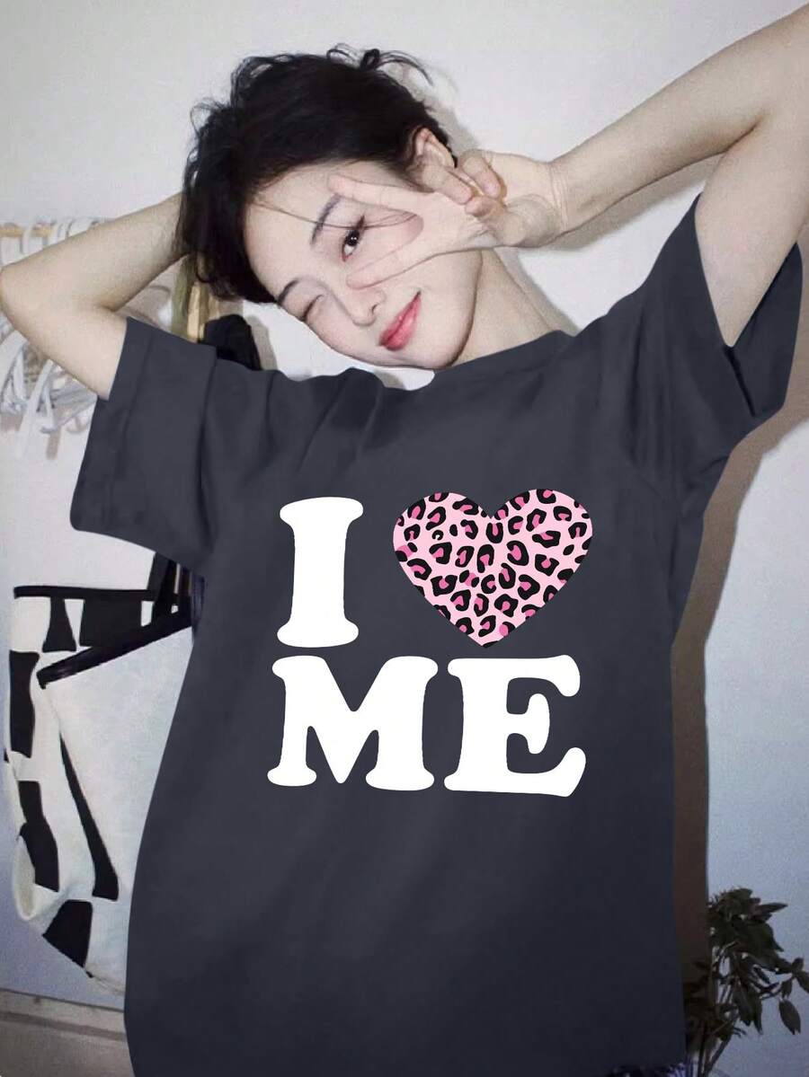Kaos Lengan Pendek Motif Cinta, Atasan Kasual Longgar Serbaguna, Koleksi Musim Panas Terbaru - Dark Grey - View 1