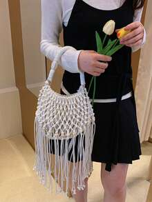 Kleine gewebte Umhängetasche, einzigartige Strandschultertasche, modische Kuvert-Tasche, vielseitige Ins Umhängetasche für den Strandurlaub - Weiss - Übersicht 3