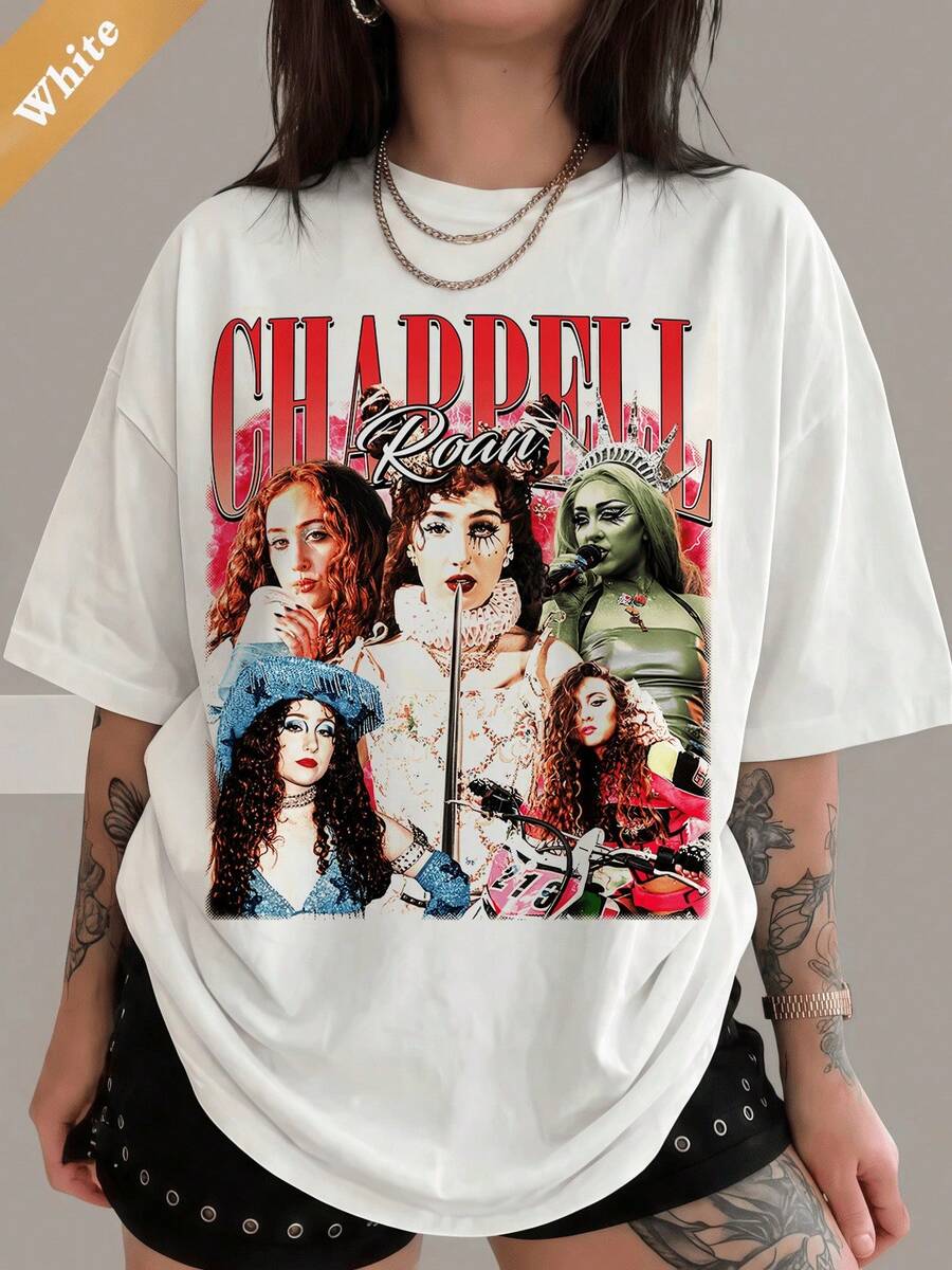 Chappells Roan Retro Bootleg Cotton T-Shirt, Oversized Fan Tee - White - View 1