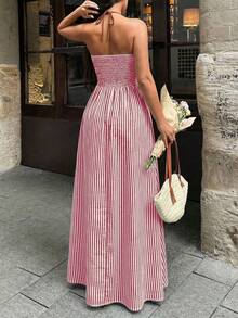 Halter Neck Striped Backless Dress Available In Multiple Colors - Burgundy - View 5