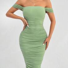 WNS  PETITE Vestido verde de hombros descubiertos para vacaciones de primavera, ropa barata de verano, vestido de verano, vestido de primavera, vestido pastel, vestido de playa para mujer, vestido largo de playa, vestido de verano - Verde - Ver 3