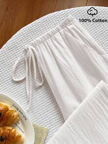 Pantalones sólidos de mujer con nudo, pantalones casuales sueltos, pantalones a rayas, pantalones de vacaciones, pantalones anchos de verano para mujer, pantalones anchos de mujer, pantalones de verano de mujer, pantalones de mujer - Blanco - Ver 1