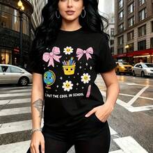 Camiseta de mujer con estampado divertido de dibujos animados, lazos rosas, flores y lápices con frase "I PUT THE COOL IN SCHOOL" - camiseta casual de manga corta, ajuste cómodo y fresco, estilo urbano y juvenil para el día a día - regalo perfecto pa - Negro - Ver 7