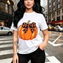 Camiseta de mujer con estampado de calabaza naranja y lazo de leopardo - diseño otoñal divertido y moderno, ajuste cómodo y casual, estilo urbano perfecto para cruzar la calle o pasear por la ciudad - regalo ideal para mamá, esposa, novia, hermana ma - Blanco - Ver 7