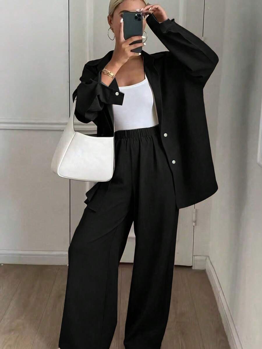 Women's Solid Color Loose Shirt And Wide Leg Pants 2 Pieces Set, Casual Chic, Suitable For Vacation, Daily Wear, Summer Black - Black - View 1