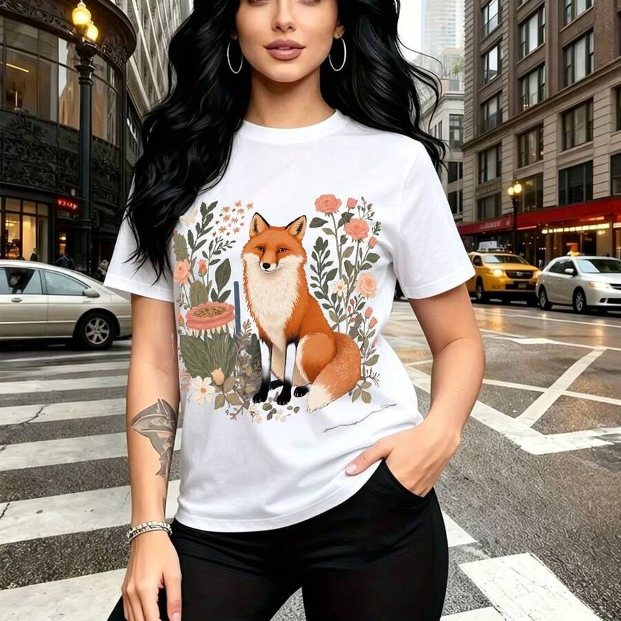 Camiseta de mujer con estampado de zorro colorido entre flores y hongos, diseño artístico con rosa roja y hojas verdes - camiseta casual de manga corta cuello redondo, ajuste cómodo y fresco, estilo urbano y bohemio - ideal para pasear por la ciudad, - Blanco - Ver 1