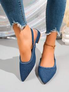 Giày sandal quai sau bằng vải màu xanh dương dành cho nữ, kiểu dáng Mary Jane mũi nhọn, gót thấp, viền hoa. - Màu xanh lam - Xem 5