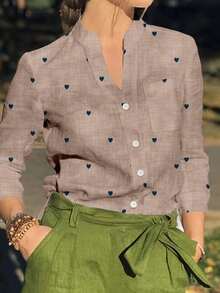 Camisa de mujer de manga larga con botones y bolsillos, con estampado romántico de corazones, adecuada para otoño, invierno y primavera - Café integral - Ver 1