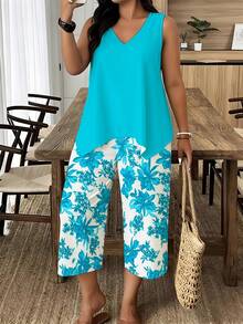 Fresh Blue Floral Printed Set, Elegant For Summer Afternoon Tea, V-Neck Sleeveless Capri Pants Two-Piece Suit - 彩色 - 查看 1