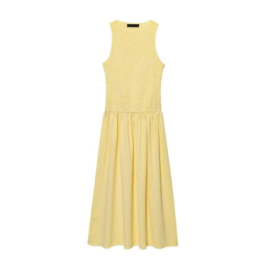 Nuevo Vestido Midi de Verano para Mujer, Cuello Redondo Elástico con Diseño de Panal, Sin Mangas, Casual, Cintura Alta, Falda... - Amarillo - Ver 1