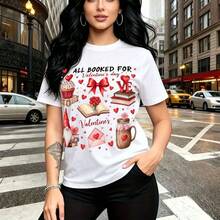 Camiseta de mujer con estampado festivo de Día de San Valentín con corazones, cupcakes y letras románticas - camiseta casual de manga corta con ajuste cómodo y estilo urbano vibrante - ideal para celebraciones, citas especiales y regalo perfecto para - Blanco - Ver 10