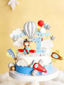 1 pieza Decoración para pastel de arcilla suave con avión y niño, avión rojo, globo, nube, decoración de pastel, adecuado para fiesta de cumpleaños, fiesta temática, regalo para niños - Multicolor - Ver 1