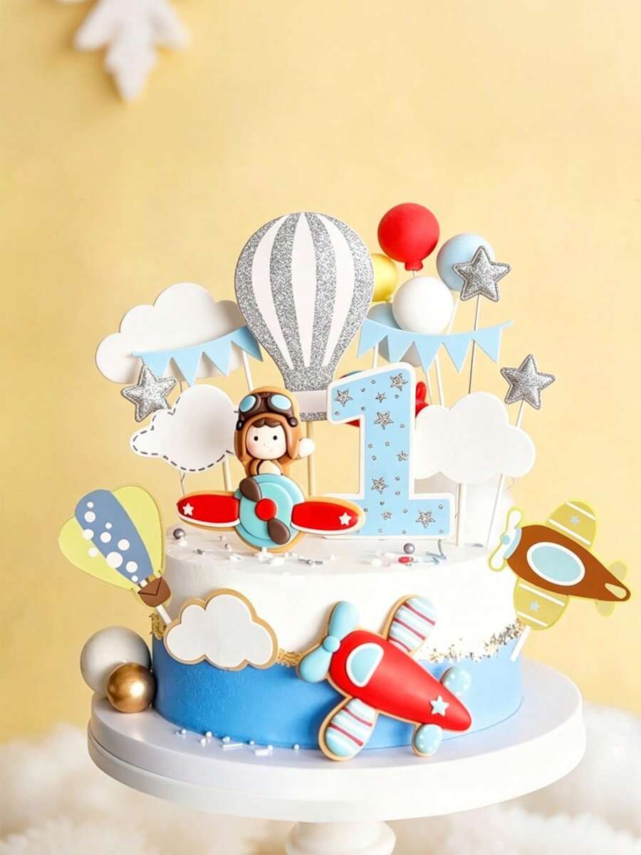 1 pieza Decoración para pastel de arcilla suave con avión y niño, avión rojo, globo, nube, decoración de pastel, adecuado para fiesta de cumpleaños, fiesta temática, regalo para niños - Multicolor - Ver 1