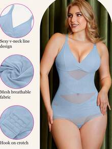 Body moldeador de cuerpo completo para mujer, con cuello en V, compresión, control de abdomen y levantamiento de glúteos, a la moda - Azul - Ver 4