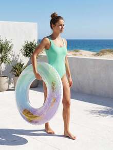 Aro de natación con degradado de purpurina tipo macaron, flotador inflable transparente para piscina con lentejuelas doradas, juguete de agua de playa de verano de PVC reforzado, apto para niños de 3 años en adelante - Multicolor - Ver 8