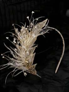 1pc Elegant Feather & Rhinestone Decorated Headband, Bridal Party Hair Accessory Hairband - Multicolor - View 5