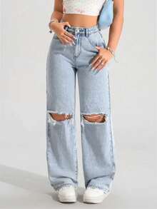 PETITE Jeans de mezclilla de pierna ancha, cintura alta y desgastados, de moda casual y chic para el estilo de calle, adecuados para el uso diario en verano - Azul 2 - Ver 1