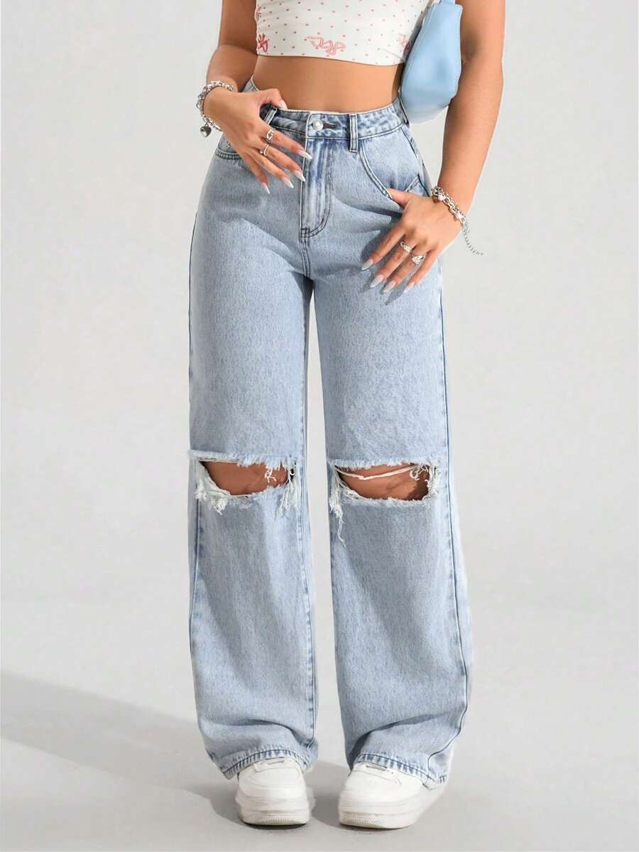 PETITE Jeans de mezclilla de pierna ancha, cintura alta y desgastados, de moda casual y chic para el estilo de calle, adecuados para el uso diario en verano - Azul 2 - Ver 1