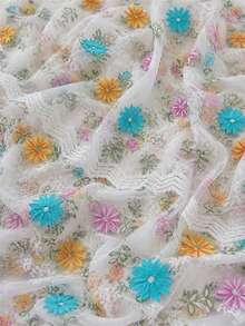 多色花卉葉片刺繡薄紗布料，白色透明網布上彩色線條雛菊刺繡，柔軟飄逸網狀織物，適用於婚紗、新娘面紗、派對裙、晚禮服、攝影背景，DIY手工縫製裝飾材料 - 1 - 查看 5