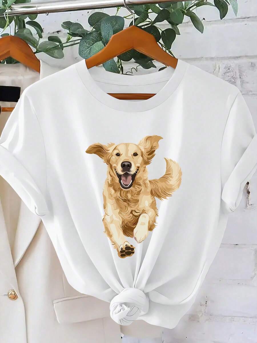 Running Golden Retriever Print Women T-Shirt Realistic Style Cute Dog Country Round Neck Short Sleeve 2026 Summer Vacation Fashion Elegant Retro Style Loose Women Casual Top - 白色 - 查看 1