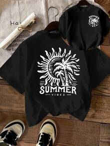 Avslappnad kortärmad t-shirt med tryck. 100 % bomull. 1-pack. Damtopp med kort ärm och dubbelsidigt tryck, avslappnad topp med rund hals, oumbärlig för en trendig pendlarlook, maskintvättbar. Vår- och sommartopp. - Svart - Visa 1