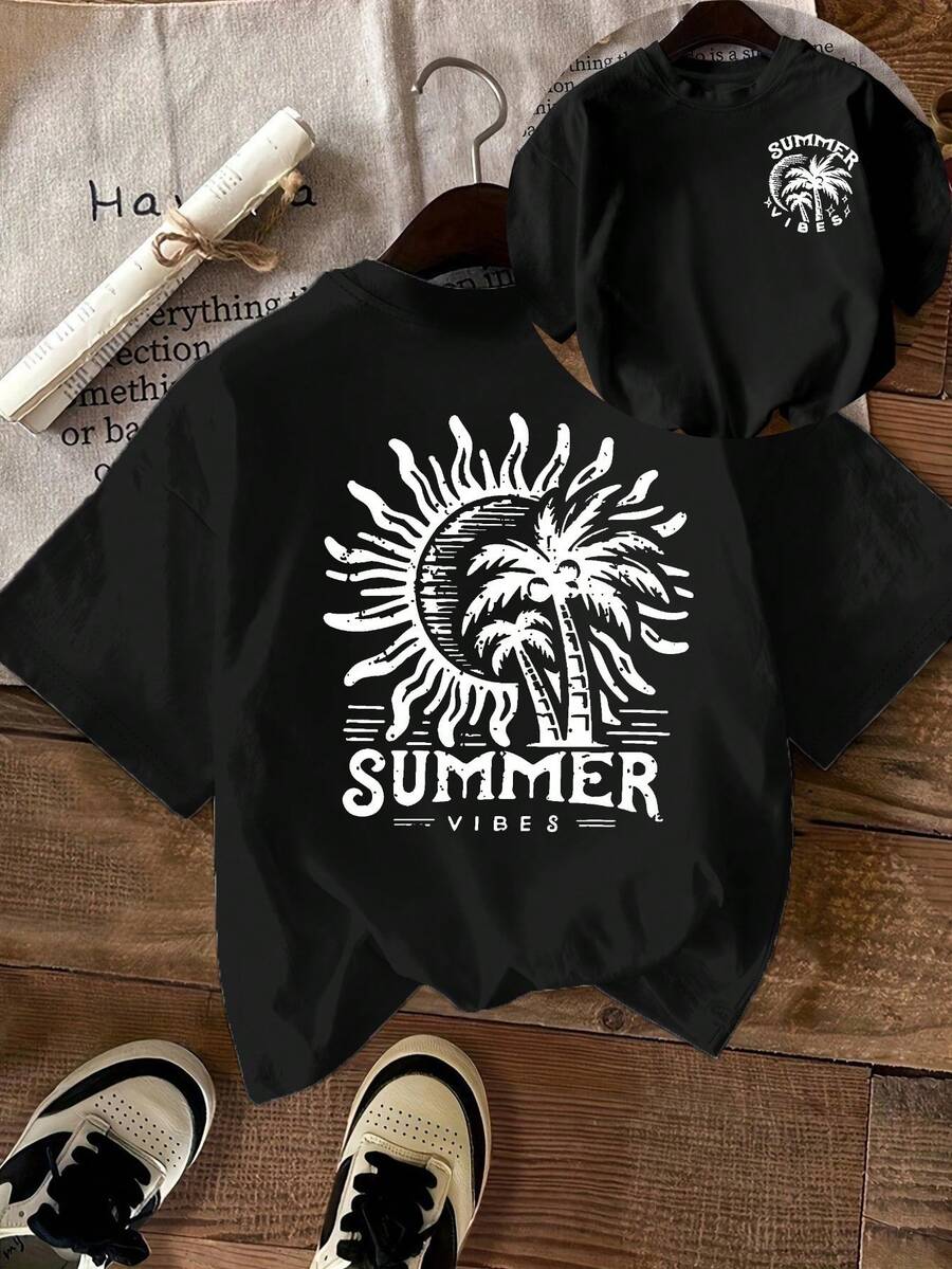 Avslappnad kortärmad t-shirt med tryck. 100 % bomull. 1-pack. Damtopp med kort ärm och dubbelsidigt tryck, avslappnad topp med rund hals, oumbärlig för en trendig pendlarlook, maskintvättbar. Vår- och sommartopp. - Svart - Visa 1