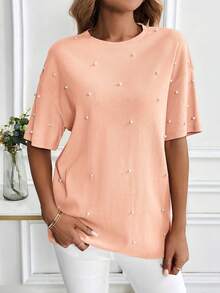 2026 Camiseta Holgada De Cuello Redondo Con Perlas Sintéticas Incrustadas - Naranja Coral - Ver 1